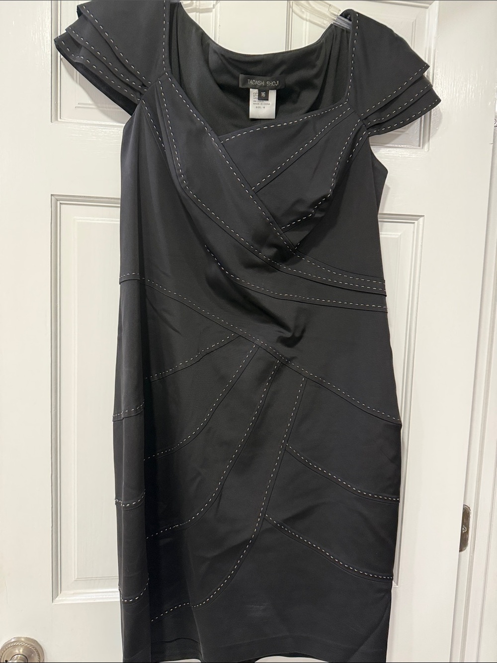 Tadashi Shoji Black Midi Sheath Dress with Contrast Stitching